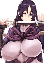  bad_id bad_pixiv_id black_gloves bodysuit breasts elbow_gloves fate/grand_order fate_(series) female fingerless_gloves gloves hayama_kazusa katana large_breasts long_hair looking_at_viewer minamoto_no_raikou_(fate) parted_bangs purple_bodysuit purple_eyes purple_hair purple_rope ribbed_sleeves rope smile solo sword very_long_hair weapon 