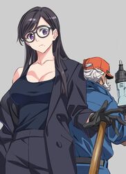  beard belt black_gloves black_hair black_jacket black_pants black_tank_top blue_eyes breasts cleavage collarbone facial_hair female glasses gloves hammer highres jacket jumpsuit minakata_hizuru mole mole_under_mouth nail_gun nezu_ginjiro pants red_headwear sledgehammer suit_jacket summertime_render suzutsuki_kurara swept_bangs tank_top white_hair 