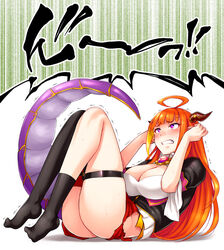  ahoge blonde_hair blush bow breasts cleavage clenched_teeth dragon_girl dragon_horns dragon_tail exercising female full_body hairband hip_vent hololive horns kiryu_coco kiryu_coco_(1st_costume) large_breasts long_hair multicolored_hair noise_(tsuzuki) orange_hair pointy_ears purple_eyes single_sock single_thighhigh sit-up socks solo sweat tail teeth thigh_strap thighhighs thighs trembling virtual_youtuber 