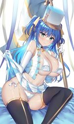  band_uniform black_thighhighs blue_eyes blue_hair blue_skirt bra breasts cleavage closed_mouth clothes_lift commentary_request covered_nipples crop_top female flag gakkou_de_seishun! garter_straps hair_ribbon hat highres holding holding_flag kanzaki_ayane large_breasts long_hair looking_at_viewer marching_band navel panties pleated_skirt ribbon sanshoku_amido shako_cap shirt side-tie_panties sitting skirt skirt_lift smile solo thighhighs two-tone_skirt underboob underwear white_bra white_hat white_panties white_shirt white_skirt 