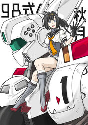  akizuki_(kancolle) av-98_ingram black_gloves black_hair breasts buchi_holes commentary_request female gloves hachimaki headband highres kantai_collection kidou_keisatsu_patlabor mecha medium_breasts miniskirt munmu-san ponytail robot sailor_collar short_sleeves sitting skirt translation_request waving white_background white_legwear 