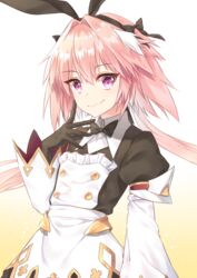  1boy astolfo_(fate) astolfo_(saber)_(fate) astolfo_(saber)_(third_ascension)_(fate) black_bow black_gloves black_ribbon blush bow bowtie commentary_request fate/grand_order fate_(series) gintama_10102 gloves hair_intakes hair_ribbon hairbow highres long_hair long_sleeves looking_at_viewer male_focus multicolored_hair oerba_yun_fang otoko_no_ko pink_hair purple_eyes ribbon skin_fang smile solo streaked_hair twintails white_hair 