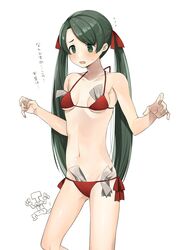  1boy admiral_(kancolle) banknote bikini black_hair breasts commentary_request cowboy_shot embarrassed female green_eyes highres kantai_collection long_hair mikuma_(2016_swimsuit_mode)_(kancolle) mikuma_(kancolle) money object_in_clothes object_in_swimsuit red_bikini side-tie_bikini_bottom simple_background small_breasts standing swimsuit t-head_admiral toriniku_senshi_chikinman translation_request tucked_money twintails white_background 