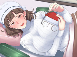  alternate_costume blunt_bangs blush breasts brown_eyes brown_hair commentary drunk eyebrows eyewear_strap female from_above glasses hat headdress holding holding_removed_eyewear indoors kantai_collection kotatsu large_breasts lips long_sleeves looking_at_viewer looking_up lying open_mouth peaked_cap pince-nez recording ribbed_sweater roma_(kancolle) santa_hat shingyou_(alexander-13) short_hair smile solo sweater table the_roma-like_snowman under_kotatsu under_the_table unworn_eyewear upper_body wavy_hair white_sweater 