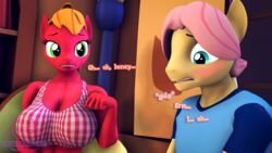  16:9 3d_(artwork) anthro anthrofied big_breasts big_macintosh_(mlp) breasts cleavage clothed clothing color_coded color_coded_text dialogue digital_media_(artwork) duo english_text equid equine female fluttershy_(mlp) friendship_is_magic ftm_crossgender hasbro hi_res male mammal mtf_crossgender my_little_pony onomatopoeia rule_63 senthaurekmern sound_effects swallowing swallowing_saliva swallowing_sound_effect talking_to_another term_of_endearment text widescreen 