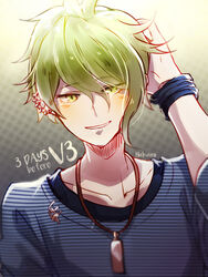  1boy amami_rantaro blue_shirt collarbone danganronpa_(series) danganronpa_v3:_killing_harmony earrings english_commentary green_eyes green_hair grey_background hair_between_eyes hakamii hand_in_own_hair hand_up highres jewelry looking_at_viewer male_focus necklace parted_lips portrait shirt short_hair sleeves_past_elbows smile solo striped_clothes striped_shirt teeth upper_body wristband 