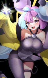  :d bike_shorts blush breasts character_hair_ornament collarbone commentary_request female green_hair grey_pantyhose grey_shirt hair_ornament highres horo_27 iono_(pokemon) jacket large_breasts long_hair looking_at_viewer open_clothes open_jacket open_mouth pantyhose pokemon pokemon_sv purple_eyes purple_hair sharp_teeth shirt single_leg_pantyhose sleeveless sleeveless_shirt smile solo teeth tera_orb thigh_strap tongue twintails upper_teeth_only yellow_jacket 