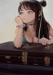  bracelet breasts brown_hair chinese_commentary choker cleavage closed_mouth commentary_request dress earrings eyeball eyeball_bracelet eyeball_bracelet_girl_(fkey) female fkey green_choker green_dress green_eyes hair_ribbon hand_on_own_face hands head_rest highres jewelry leaning_forward long_hair looking_away looking_to_the_side medium_breasts mole mole_under_eye original ribbon solo thinking upper_body yin_yang yin_yang_earrings 