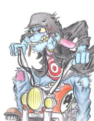  2019 3_fingers alpha_channel anthro armor biker blue_body blue_fur boots buckteeth clothed clothing damaged ear_piercing facial_hair fangs fingers footwear front_view fur hare headgear helmet hi_res hodgepodge_(krolik) jacket jewelry krolik lagomorph leather leather_clothing leather_jacket leather_topwear leporid long_ears male mammal markings motorcycle multicolored_body multicolored_fur piercing pink_body pink_fur portrait pose rabbit red_eyes scar sharp_teeth signature solo surgical_suture tattoo teeth topwear traditional_media_(artwork) undead vehicle zombie 