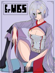  absurdres alternate_costume bad_id bad_pixiv_id belt black_footwear boots breasts brown_belt character_name cleavage closed_mouth female girls&#039;_frontline green_eyes grey_hair hair_between_eyes highres looking_at_viewer medium_breasts medium_hair mg5_(girls&#039;_frontline) sarasa_dry simple_background sitting smile solo 