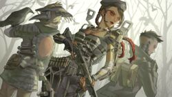  1boy 1other ambiguous_gender animal_on_arm animification apex_legends arms_dealer_loba artist_name b3_wingman bird bird_on_arm black_bodysuit black_hair black_headwear black_jacket bloodhound_(apex_legends) bodysuit braid breasts brown_hair brown_pants bullet chikitamako cleavage collarbone crow crypto_(apex_legends) dog_tags female floating_hair goggles gradient_hair green_eyes gun hack_(apex_legends) hair_behind_ear handgun highres holding holding_gun holding_weapon holstered jacket loba_(apex_legends) medium_breasts multicolored_hair official_alternate_costume orange-tinted_eyewear pants plague_doctor_mask red_hair revolver rifle scouter the_hired_gun_crypto the_plague_doctor_bloodhound tinted_eyewear trigger_discipline twin_braids weapon 