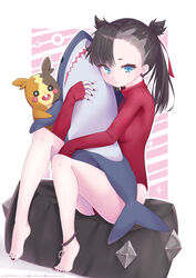  artist_name asymmetrical_bangs asymmetrical_hair barefoot black_choker black_hair black_nails blue_eyes breasts choker commentary_request earrings feet female hair_ribbon heattech_leotard higashikata_kou highres holding ikea_shark jewelry leotard long_sleeves looking_at_viewer marnie_(pokemon) medium_breasts medium_hair morpeko morpeko_(full) pokemon pokemon_(creature) pokemon_swsh red_ribbon red_sweater ribbon sitting sleeves_past_wrists stuffed_animal stuffed_shark stuffed_toy sweater twintails twitter_username 