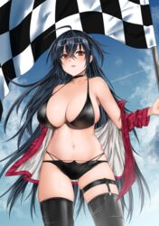  azur_lane bare_shoulders bikini black_bikini black_choker black_hair black_thighhighs blue_sky breasts checkered_flag choker cleavage crossed_bangs eyewear_on_head female flag from_below haru_(hr_works) highleg highleg_bikini highres holding holding_flag huge_breasts jacket long_hair looking_at_viewer multi-strapped_bikini_bottom official_alternate_costume open_clothes open_jacket race_queen red_eyes red_jacket skindentation sky solo swimsuit taihou_(azur_lane) taihou_(enraptured_companion)_(azur_lane) thigh_strap thighhighs very_long_hair 