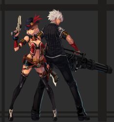  1boy ammunition ascot axe belt black_legwear blonde_hair blue_eyes breasts character_request cleavage commentary_request cuffs detached_collar female gatling_gun gun handgun hat hat_feather highres holding holster medium_breasts midriff navel original pants parted_lips photoshop_(medium) qbspdl revolver shiny_skin shirt shoes short_hair short_shorts shorts striped_clothes striped_shirt thighhighs weapon white_hair 