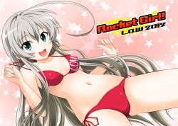  :3 ahoge bikini commentary_request female green_eyes grey_hair haiyore!_nyaruko-san hyokkori_tamago long_hair nyarlathotep_(nyaruko-san) open_mouth red_bikini solo swimsuit 