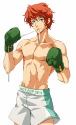  1boy blue_eyes blush boxing_gloves commentary_request male_focus muscular open_mouth orange_hair sengoku_kiyosumi shorts solo spread_legs sweat tennis_no_ouji-sama topless_male white_shorts yamada_3 