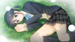  bad_id bad_nicoseiga_id black_hair black_skirt blazer blue_eyes blue_jacket blush dress_shirt female fuyu_urara grass jacket kokoro_connect long_sleeves lying mole mole_under_mouth nagase_iori orb photoshop_(medium) plaid plaid_skirt pleated_skirt school_uniform shirt short_hair skirt solo sweater white_shirt yamaboshi_private_high_school_uniform 