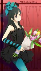  akiyama_mio alternate_costume black_eyes black_hair commentary don&#039;t_say_&quot;lazy&quot; dress eluva english_commentary female fingerless_gloves flower gloves hat highres hime_cut k-on! long_hair looking_at_viewer mini_hat mini_top_hat pantyhose smile solo top_hat tulip very_long_hair 