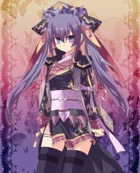  black_thighhighs chinese_clothes commentary_request crown female hair_ornament haneten_kagatsu purple_eyes purple_hair sangokushi_taisen solo thighhighs touhaku twintails 