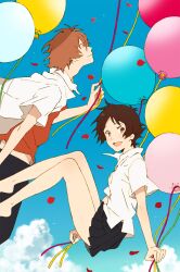  1boy balloon barefoot brown_eyes brown_hair cloud commentary_request day female floating highres konno_makoto legs mako_(macomaco7) mamiya_chiaki open_mouth petals pleated_skirt profile school_uniform short_hair skirt sky smile toki_wo_kakeru_shoujo 