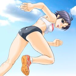  antenna_hair ass back black_eyes black_hair buruma cloud commentary_request day female idolmaster idolmaster_(classic) kikuchi_makoto looking_back midriff mitarashi_dingo one_eye_closed open_mouth running shoes short_hair sky sneakers solo sports_bra 