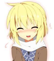  bad_id bad_pixiv_id blonde_hair blush closed_eyes female mizuhashi_parsee open_mouth scarf short_hair smile solo touhou upper_body white_scarf yarawi 