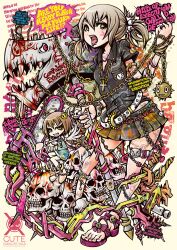  2girls axe belt blood bracelet brown_hair chains chainsaw commentary_request cross decora english_text green_eyes hair_ornament highres jewelry multiple_girls original photoshop_(medium) piercing project.c.k. ring shirt skull tattoo tongue tongue_piercing twintails weapon wings yellow_eyes 