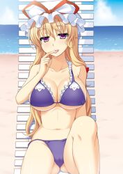  bare_shoulders beach bikini blonde_hair breasts cameltoe cleavage commentary_request day female finger_to_mouth hat katagiri_chisato large_breasts leg_up long_hair naughty_face ocean purple_bikini purple_eyes sand sitting solo swimsuit thighs tongue touhou underboob very_long_hair yakumo_yukari 