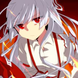  bow commentary_request female fujiwara_no_mokou glowing glowing_eyes hairbow long_hair long_sleeves marimo_danshaku puffy_sleeves red_eyes solo suspenders touhou white_hair 