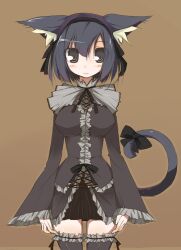  animal_ears bad_id bad_pixiv_id black_eyes black_hair black_thighhighs brown_background cat_ears cat_tail endou_chihiro female frills hairband long_sleeves nana_(endou_chihiro) original short_hair solo standing tail thighhighs wide_sleeves 