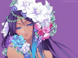  artist_name bad_id bad_pixiv_id blue_eyes carnelian colored_eyelashes dark-skinned_female dark_skin female flower gradient_hair hair_flower hair_ornament lips long_hair merli_(vocaloid) multicolored_hair parted_lips photoshop_(medium) purple_background purple_hair solo upper_body vocaloid 