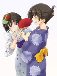  2girls alternate_hairstyle amagami black_eyes black_hair blush closed_eyes commentary_request fanning floral_print folded_ponytail hair_up hand_fan japanese_clothes kimono mask multiple_girls nanasaki_ai open_mouth paper_fan photoshop_(medium) sasaki_akira_(ugc) short_hair smile tsukahara_hibiki uchiwa yukata 