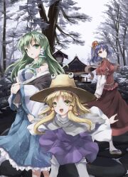  3girls awa_yume blonde_hair blue_hair commentary_request detached_sleeves frog_hair_ornament green_eyes green_hair hair_ornament hair_tubes hairband hat highres kochiya_sanae leaf leaf_on_head long_hair long_skirt moriya_suwako multiple_girls open_mouth outstretched_arms red_eyes sandals scarf short_hair sidelocks skirt smile snake thighhighs touhou tree white_legwear yasaka_kanako yellow_eyes 