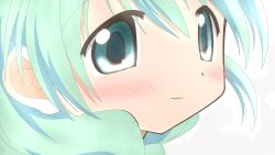  :3 blush commentary_request faux_cyrillic faux_text female green_eyes green_hair hidamari_sketch highres natsume_(hidamari_sketch) portrait seabreez smile solo 