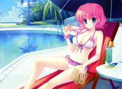  :o absurdres bad_link bare_shoulders beach_umbrella bikini blue_eyes blush book breasts cameltoe chair cleavage collarbone covered_nipples day drink female fingernails frilled_bikini frills front-tie_top game_cg highres himezono_risa holding holding_book holding_removed_eyewear large_breasts long_fingernails looking_at_viewer lounge_chair mitha navel open_book outdoors pink_hair pool poolside reflection skindentation sunglasses sunlight swimsuit table tareme umbrella unworn_eyewear water yuyukana 