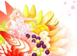  banana bare_shoulders blonde_hair breasts cherry cleavage commentary_request crown dress female finger_to_mouth food frills fruit gloves grapefruit grapes in_food jewelry kiwi_(fruit) koto_(colorcube) licking_lips long_hair mango medium_breasts melon mini_person minigirl necklace original photoshop_(medium) pink_dress sleeveless sleeveless_dress smile solo strawberry tongue tongue_out veil very_long_hair watermelon white_gloves yellow_eyes 