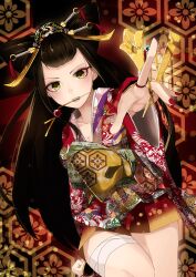  bad_id bad_pixiv_id black_hair commentary_request female flower hair_ornament highres japanese_clothes kimono long_hair looking_at_viewer memai original partial_commentary photoshop_(medium) solo yellow_eyes 