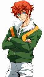  1boy blue_eyes commentary_request crossed_arms male_focus orange_hair sengoku_kiyosumi simple_background smile solo tennis_no_ouji-sama white_background yamada_3 