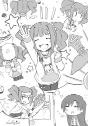  2girls =_= ball blush bowl burger carrot cat_burger commentary_request door fish food frog greyscale highres hood hoodie idolmaster idolmaster_(classic) kisaragi_chihaya looking_up lucky_(lucky93283300) monochrome multiple_girls multiple_persona mushroom photoshop_(medium) racket rice rice_bowl saliva smile sportswear star_(symbol) sweat takatsuki_yayoi tennis_ball tennis_net tennis_racket tennis_uniform thought_bubble twintails visor_cap waving wristband |_| 