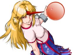  blonde_hair commentary_request cuffs cup female from_above horns hoshiguma_yuugi image_sample long_hair long_skirt looking_at_viewer looking_up nicoseiga_sample petals red_eyes sakazuki shirt short_sleeves single_horn skirt solo t-shirt touhou yukimura_(soxhunter) 