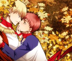  2boys bad_id bad_pixiv_id blonde_hair emiya_shirou fate/stay_night fate/zero fate_(series) gilgamesh_(fate) jewelry male_focus multiple_boys necklace official_alternate_costume raglan_sleeves red_eyes red_hair setta_(tokinon) yaoi yellow_eyes 