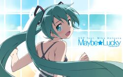  :d aqua_eyes aqua_hair blush character_name commentary_request female hair_ornament hatsune_miku highres kanzaki_hiro long_hair looking_back open_mouth photoshop_(medium) smile solo star_(symbol) tabgraphics twintails very_long_hair vocaloid 