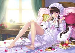  :q barefoot bed bloomers briska brown_hair cake commentary cupcake curtains dress female flower food frilled_pillow frills fruit hat heart heart-shaped_pillow indoors lolita_fashion long_hair looking_at_viewer macaron nightcap nightgown original petals photoshop_(medium) pillow plate purple_eyes red_flower red_rose rose sitting solo strawberry sunlight tongue tongue_out underwear window 