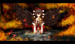  alternate_costume bad_id bad_pixiv_id bird_wings black_wings bridal_gauntlets brown_hair detached_sleeves female hat highres jewelry kourindou_tengu_costume letterboxed looking_at_viewer obi partially_submerged photoshop_(medium) pointy_ears red_eyes sash shameimaru_aya short_hair smile solo tokin_hat touhou untue wide_sleeves wings 