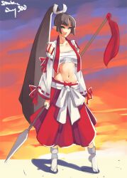  black_hair breasts colorized demon_girl detached_sleeves disgaea eu03 female hakama hakama_skirt japanese_clothes long_hair medium_breasts midriff narrow_waist navel photoshop_(medium) pointy_ears polearm ponytail red_hakama ronin_(disgaea) sarashi skirt solo spear tabi very_long_hair weapon wide_ponytail 