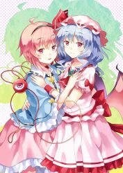  2girls :d bat_wings blue_hair commentary_request hairband hat hat_ribbon heart highres komeiji_satori looking_at_viewer multiple_girls open_mouth pink_eyes pink_hair rasahan red_eyes remilia_scarlet ribbon short_hair smile third_eye touhou wings wrist_cuffs 