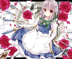  apron bad_id bad_link bad_nicoseiga_id bow braid card female flower grey_hair hairbow highres izayoi_sakuya knife magic_circle puffy_sleeves red_eyes rose saijou_haruki short_hair short_sleeves smile solo touhou twin_braids weapon 