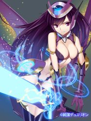  bare_shoulders breasts cleavage commentary_request copyright_name female gauntlets glowing headgear junketsu_duelion long_hair mecha_musume medium_breasts navel official_art oumigahara_kirei photoshop_(medium) purple_eyes purple_hair simple_background solo sword thighhighs translated weapon wings yangsion 