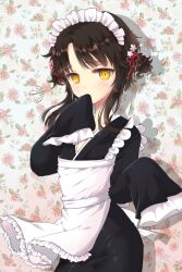  alternate_costume apron bittersweet_(dalcoms) black_kimono blush brown_hair commentary_request covering_own_mouth female flower japanese_clothes kimono lolita_fashion long_sleeves maid maid_headdress mole official_art short_hair sita_vilosa sleeves_past_wrists solo sword_girls wa_lolita wa_maid yellow_eyes 