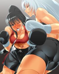  2girls abs ass battle bike_shorts bowalia boxing_gloves commentary_request duel karafuri! long_hair midriff mouth_guard multiple_girls muscular muscular_female photoshop_(medium) ponytail red_eyes shorts tank_top white_hair 